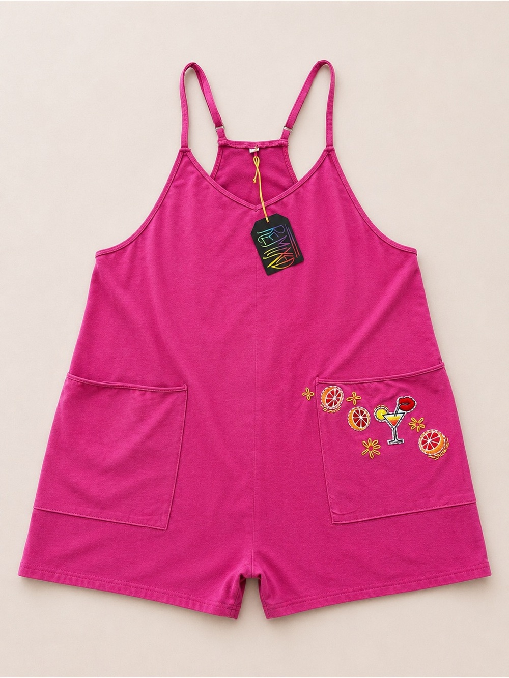 ReMixed Pink Citrus Cocktail Embroidered Pocket Romper | Size XL